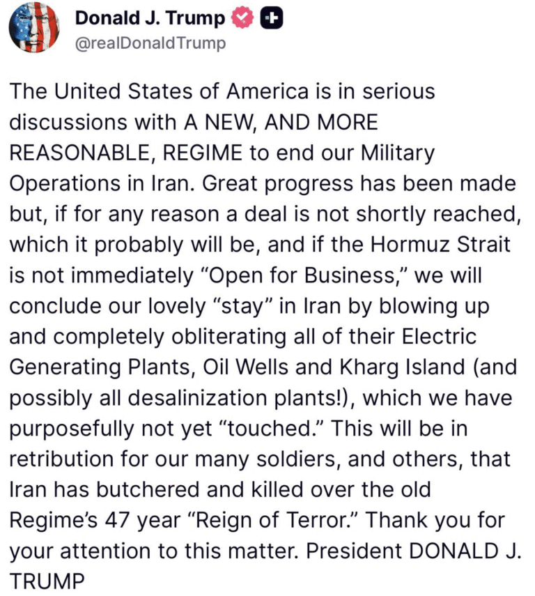 Iran War: Trump Threatens Destruction of Iran Electric Generation and Oil Wells Even as WSJ Reports Temporary TACO on Trying to Force Open Strait of Hormuz